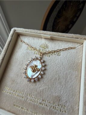Gold Bee Pendant Necklace with Mother-of-Pearl Oval and Crystal Halo
